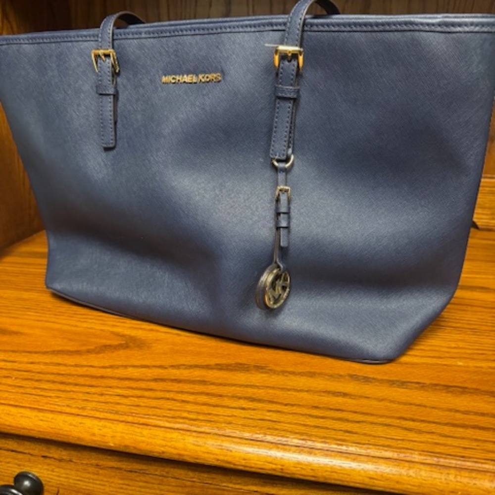 Michael Kors Jet Set Travel Tote Bag Shopper Navy Blue Leather